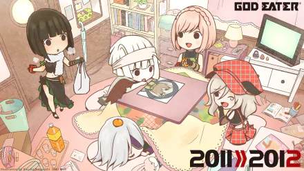 Chibi-style anime characters from God Eater gathered in a cozy, pastel-toned room, featured in an HD PC desktop wallpaper and background.
