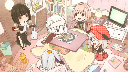 A vibrant anime scene from God Eater, featuring chibi characters enjoying a cozy gathering around a table, surrounded by colorful decor in a charming room. HD desktop wallpaper.