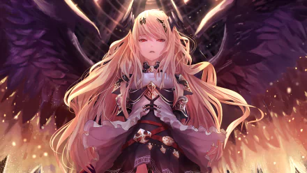 HD wallpaper featuring Dark Angel Olivia from the video game Shingeki no Bahamut (Rage of Bahamut). The character has long blonde hair, black wings, and stands amidst a dark, radiant background.