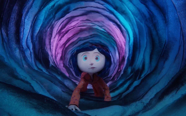 A captivating HD wallpaper featuring Coraline as she explores a vibrant, swirling tunnel, embodying the enchanting and eerie atmosphere of the animated film.