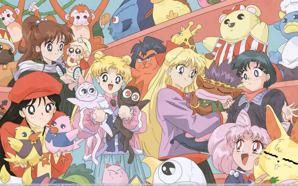 HD desktop wallpaper featuring Usagi Tsukino and friends from Sailor Moon, surrounded by colorful stuffed animals and vibrant characters in a playful scene.