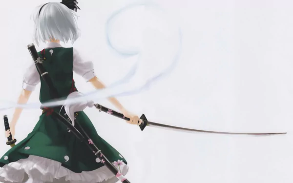HD PC desktop wallpaper featuring Youmu Konpaku from the Touhou series, depicted wielding dual swords with a soft, minimalist background.