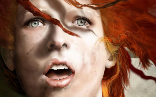 Close-up of Leeloo from The Fifth Element, wide-eyed and gasping, fiery orange hair framing a pale face — cinematic HD movie wallpaper.