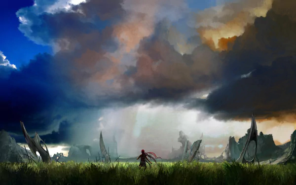 Heavenly Sword HD PC desktop wallpaper and background: lone red-clad warrior in tall grass beneath dramatic storm clouds, shafts of light cutting across a horizon of ruined statues.