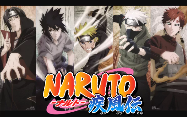 HD wallpaper featuring characters from Naruto: Itachi Uchiha, Sasuke Uchiha, Naruto Uzumaki, Kakashi Hatake, and Gaara, with the Naruto logo prominently displayed.