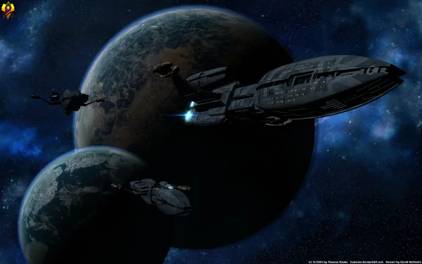 4K Ultra HD PC desktop wallpaper: Star Trek: Enterprise — Enterprise-class ships and an Andorian vessel orbit a blue-green planet in a dramatic Star Trek TV show space scene.
