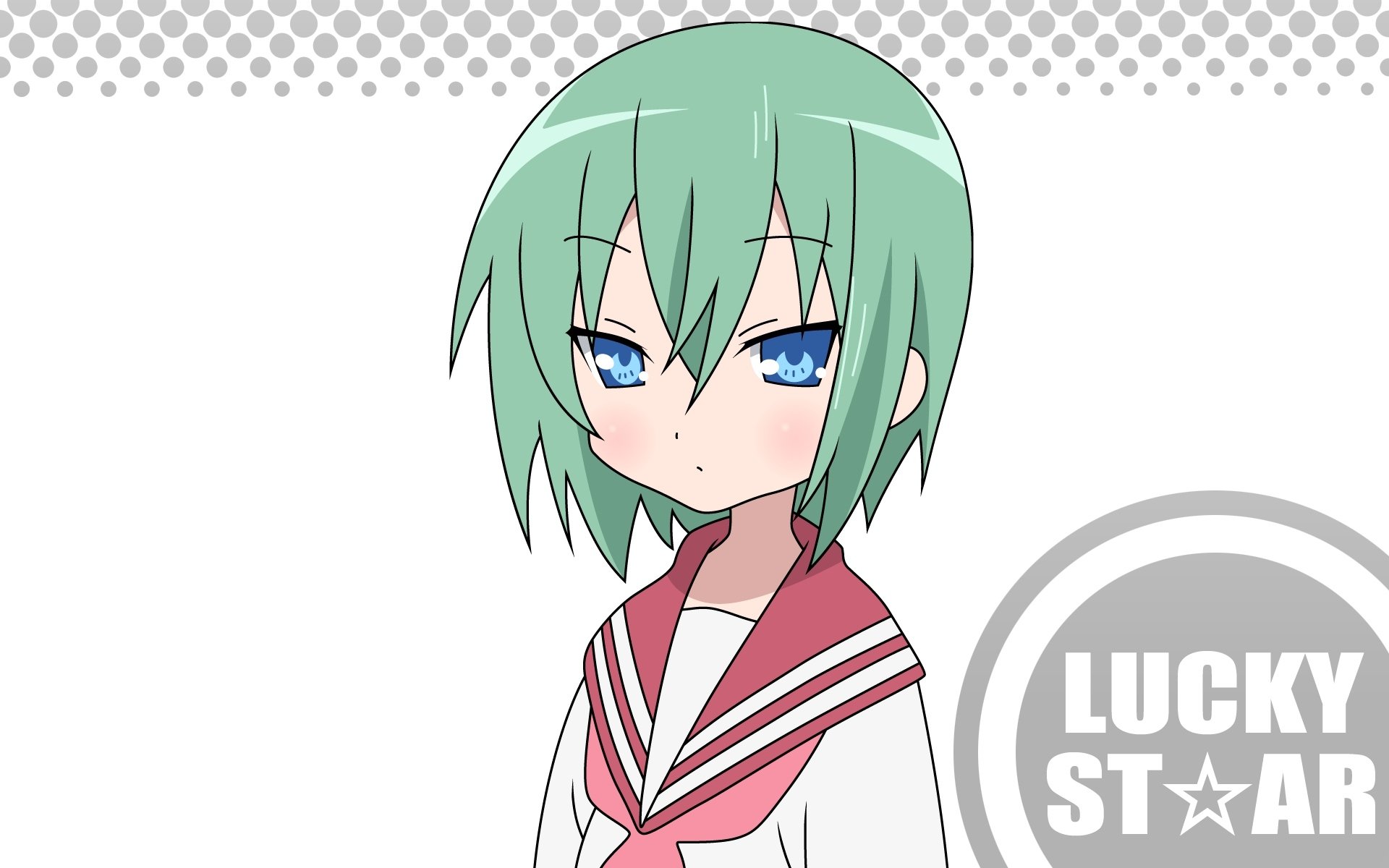 HD anime desktop wallpaper featuring Minami Iwasaki from Lucky Star with teal hair and blue eyes, set against a dotted background with the Lucky Star logo.