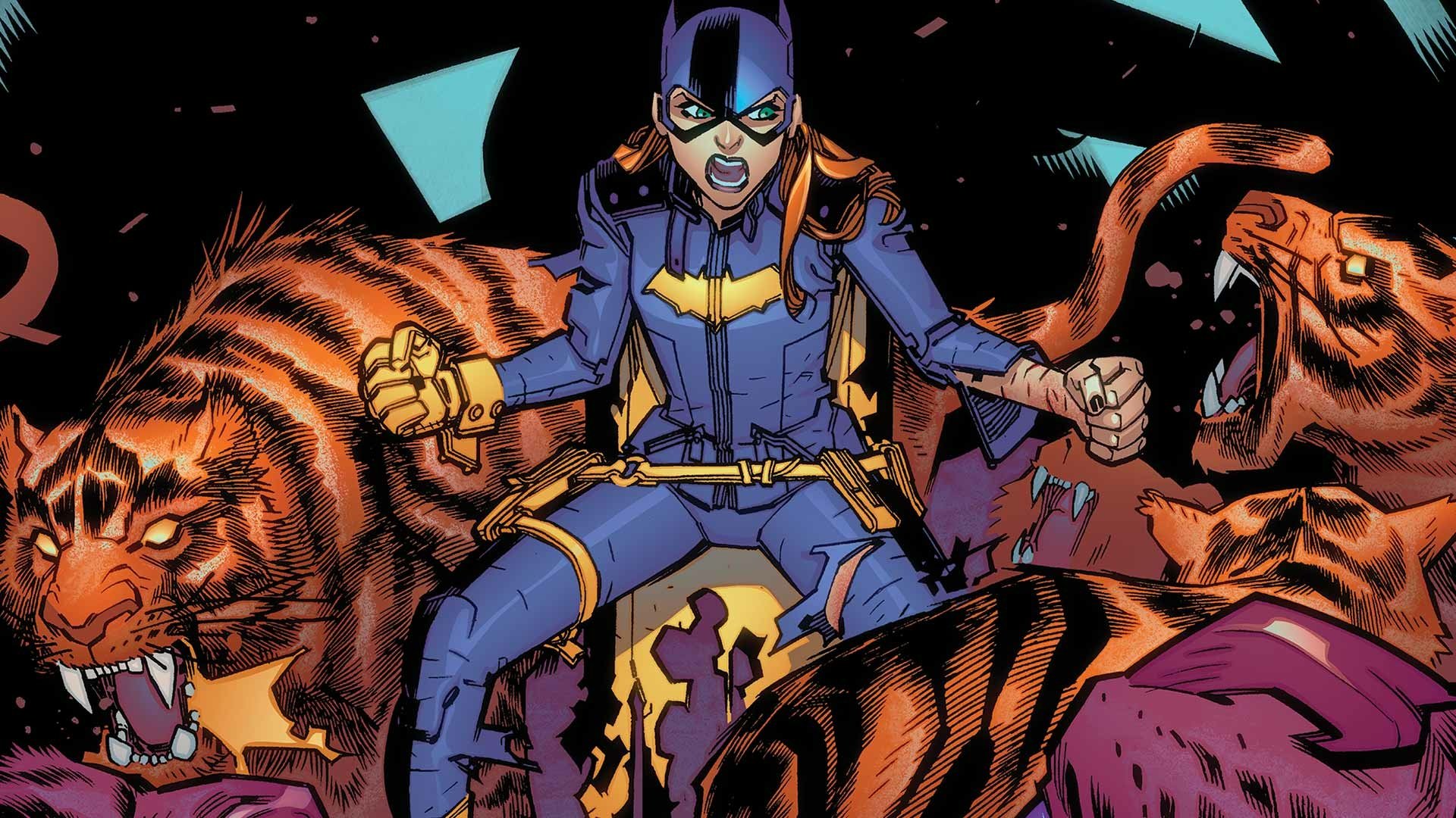 HD comic-style PC desktop wallpaper featuring Batgirl in her costume, poised fiercely amidst snarling tigers against a dynamic, dark background.