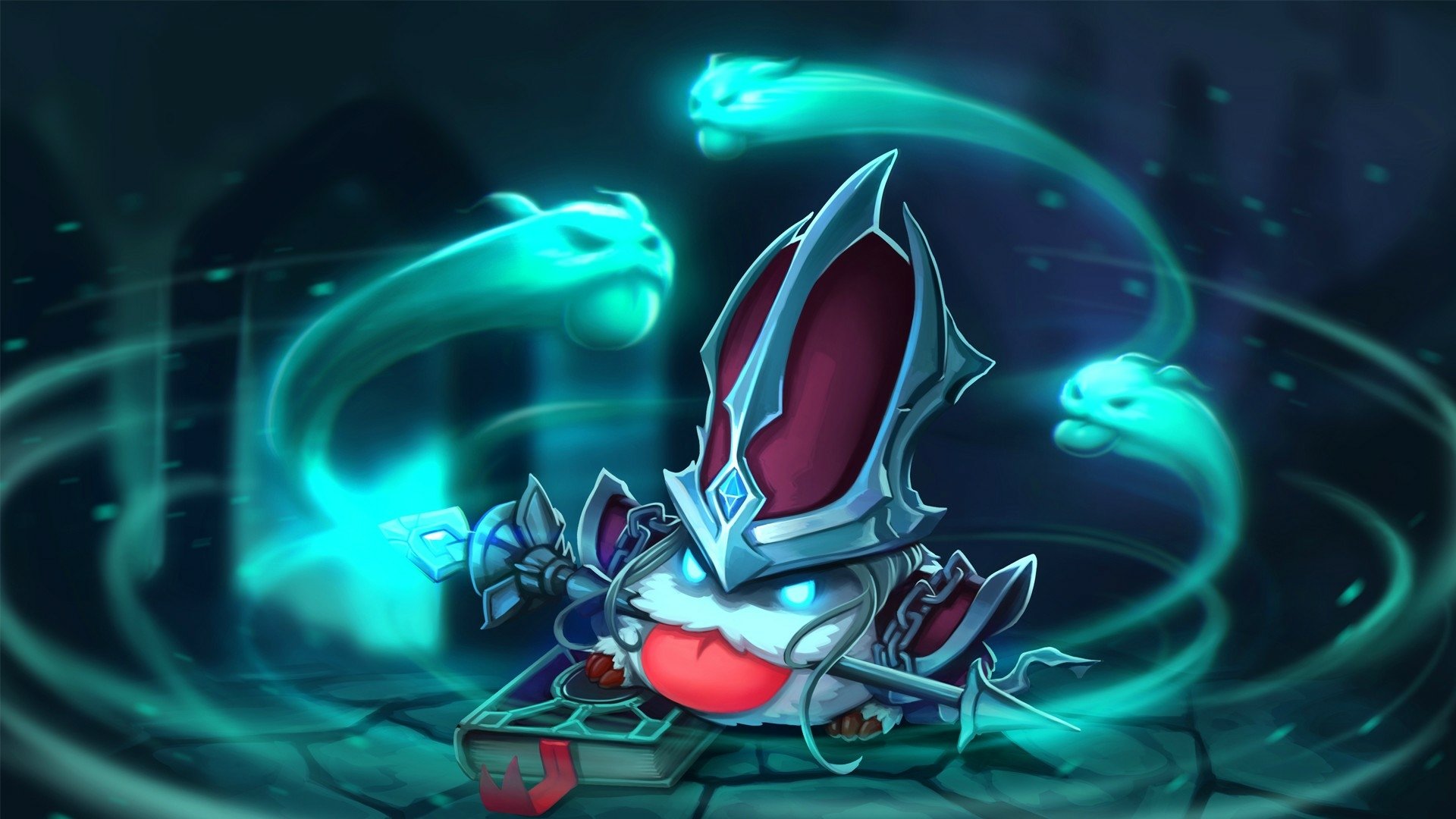 A vibrant HD wallpaper featuring Poro from League of Legends, adorned in Karthus's theme, surrounded by ghostly apparitions, capturing the enchanting spirit of the game.