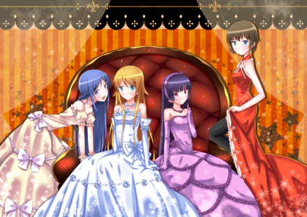 HD anime wallpaper featuring Manami Tamura, Ayase Aragaki, Ruri Gokō, and Kirino Kousaka from Oreimo, dressed in elegant gowns against a decorative orange and black background.