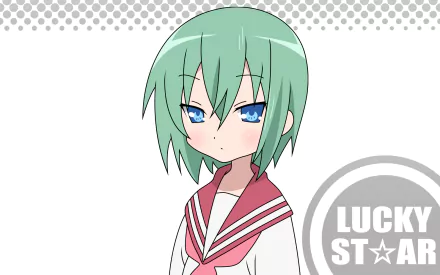 HD anime desktop wallpaper featuring Minami Iwasaki from Lucky Star with teal hair and blue eyes, set against a dotted background with the Lucky Star logo.