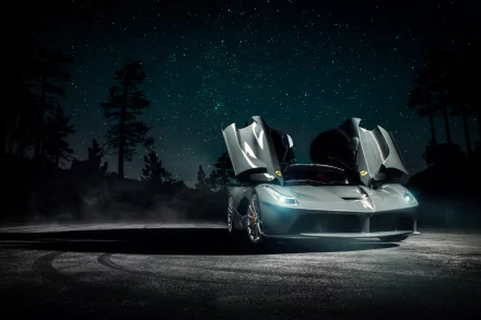 A stunning silver Ferrari LaFerrari parked under a starry sky, showcasing its sleek design and iconic doors open, set against a dark, misty backdrop.