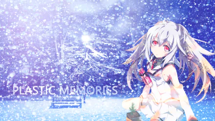 HD desktop wallpaper featuring Isla from the anime Plastic Memories. The background displays a snow-covered scene with the show's logo visible in the snow.