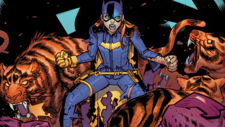 HD comic-style PC desktop wallpaper featuring Batgirl in her costume, poised fiercely amidst snarling tigers against a dynamic, dark background.