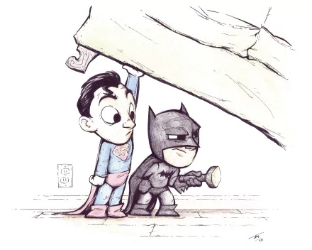 HD PC desktop wallpaper featuring adorable chibi-style Superman and Batman characters, blending comic charm with playful teamwork in a dynamic Batman/Superman theme.