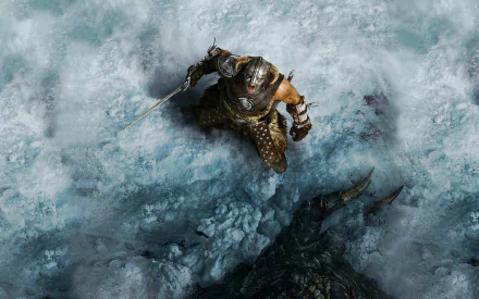A warrior stands triumphantly over a defeated dragon in a snowy landscape from The Elder Scrolls V: Skyrim, captured as an HD desktop wallpaper.