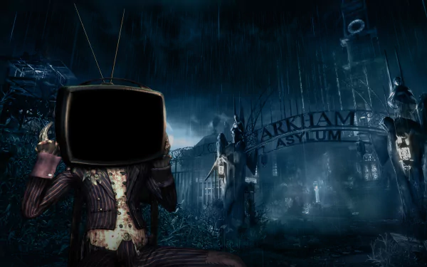 HD PC desktop wallpaper & background: Batman: Arkham Asylum (video game) — stormy Arkham gates at night with a Batman silhouette and a suit-wearing TV-headed figure in the foreground.
