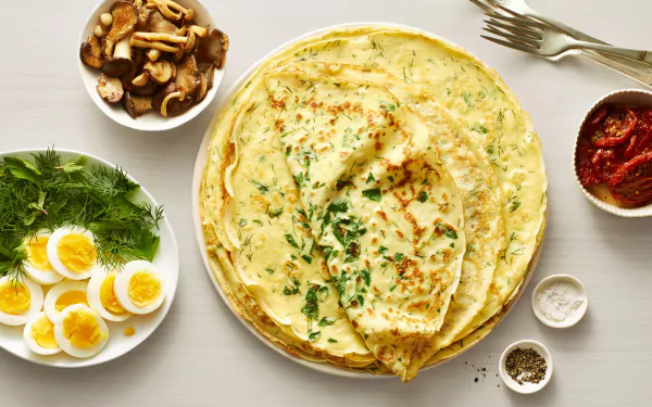 HD PC desktop wallpaper of food: savory crêpes on a plate garnished with herbs, surrounded by bowls of boiled eggs, mushrooms, sun-dried tomatoes and seasonings.