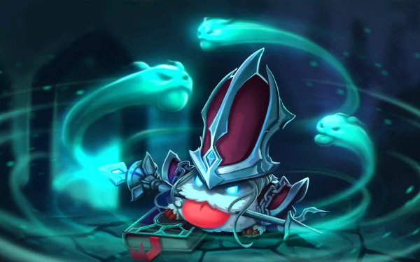 A vibrant HD wallpaper featuring Poro from League of Legends, adorned in Karthus's theme, surrounded by ghostly apparitions, capturing the enchanting spirit of the game.