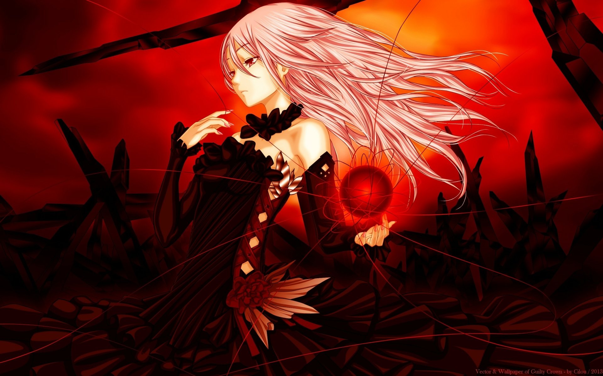 HD PC desktop wallpaper featuring an anime character from Guilty Crown with flowing pink hair and a dark outfit against a vivid red and black background.