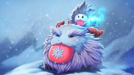 HD desktop wallpaper featuring Poro and Nunu from League of Legends in a snowy, magical setting.