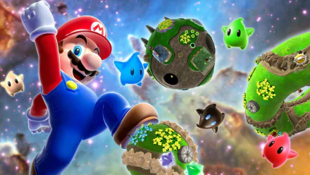 HD PC desktop wallpaper featuring Mario from the video game Super Mario Galaxy, surrounded by colorful planetoids and star-like creatures in a vibrant cosmic scene.