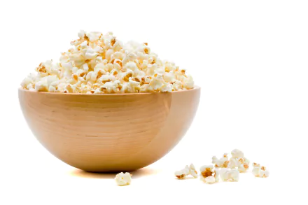 Wooden bowl overflowing with popcorn on a clean white background — food popcorn, 4K Ultra HD PC desktop wallpaper and background.
