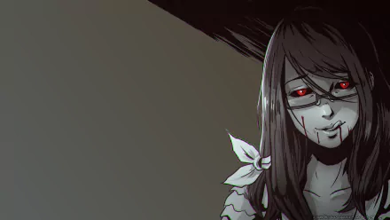 Rize Kamishiro from Tokyo Ghoul is depicted in this HD desktop wallpaper, showcasing her striking red eyes and characteristic style against a dark, moody background.