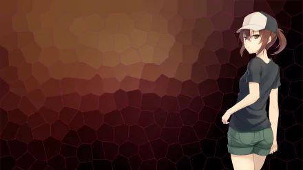 HD desktop wallpaper of Mikoto Misaka from A Certain Scientific Railgun wearing a cap, dark tee and green shorts, standing at the right against a brown geometric mosaic background.