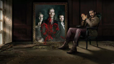 HD PC desktop wallpaper featuring characters from the TV show The Originals, with a dark, moody atmosphere and a framed portrait highlighting three key figures.