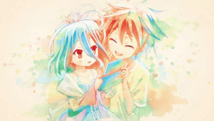 HD desktop wallpaper featuring Shiro and Sora from the anime No Game No Life, depicting them smiling and holding a handheld gaming device against a soft pastel background.