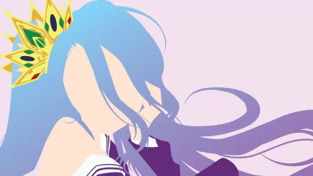 A minimalist HD wallpaper featuring Shiro from No Game No Life, showcasing her flowing blue hair and a gold crown against a soft background.