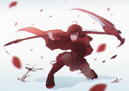 HD PC desktop wallpaper featuring Ruby Rose from the anime RWBY in an action pose with her weapon and red cloak flowing amidst falling petals.