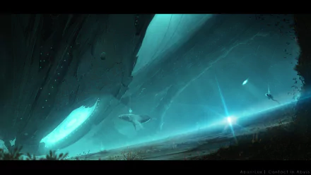 HD Sci-Fi desktop wallpaper depicting a massive spaceship submerged underwater, illuminated by ethereal blue light and surrounded by aquatic life.