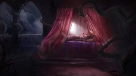 Epic Mickey video game HD PC wallpaper: dim, ruined theater with crimson curtains parted by a beam on a bedlike platform, twisted vines and shadowed, painterly, eerie atmosphere.