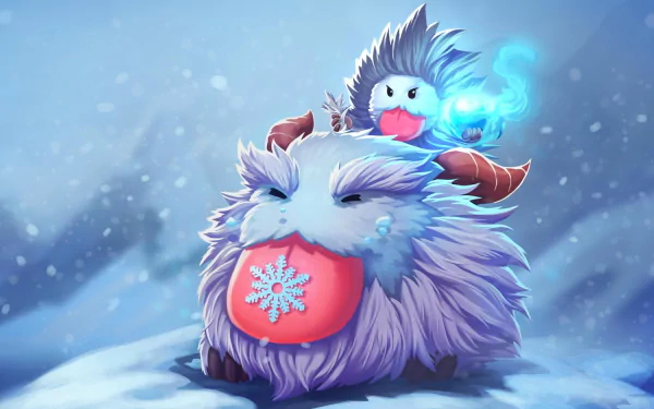 HD desktop wallpaper featuring Poro and Nunu from League of Legends in a snowy, magical setting.