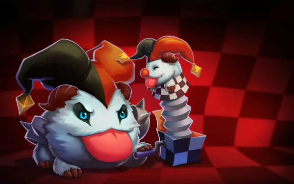 A vibrant HD desktop wallpaper featuring Poro and Shaco from League of Legends, showcasing their playful and mischievous personalities against a bold red checkerboard background.