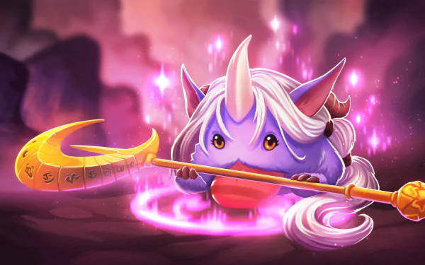 A vibrant HD desktop wallpaper featuring Poro and Soraka from League of Legends, showcasing the whimsical character alongside magical elements and enchanting colors.