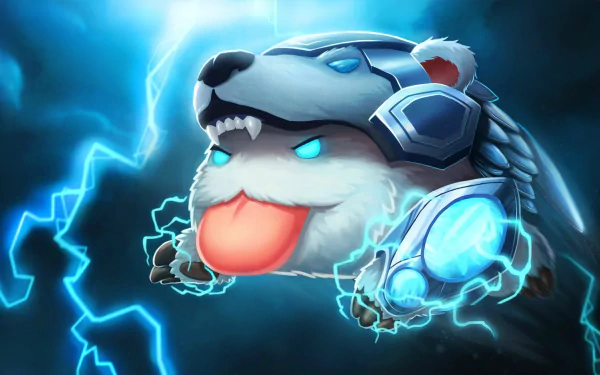 HD wallpaper featuring a Poro inspired by Volibear from League of Legends, with glowing blue eyes and electrical sparks surrounding it in a dynamic background.