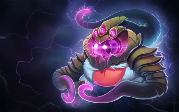 HD PC desktop wallpaper featuring a Poro character fused with Vel'koz from League of Legends, set against a dark, electrified background.
