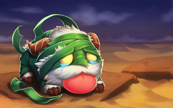 A cute Poro from League of Legends, wrapped in green bandages, looks sad with tears in its eyes against a desert backdrop, capturing the whimsical charm of the game.