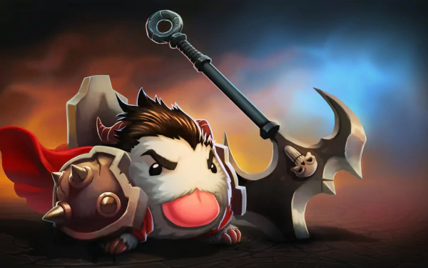 A Poro from League of Legends dons armor and wields a large weapon, embodying the game's whimsical yet fierce spirit. This HD wallpaper showcases a vibrant fantasy background.