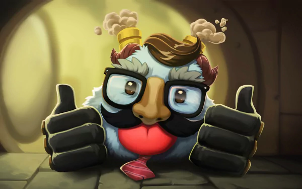 HD League of Legends desktop wallpaper featuring a Poro character wearing glasses and a mustache, giving thumbs up, alongside Blitzcrank elements in a video game style.