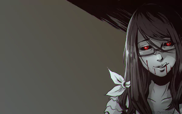 Rize Kamishiro from Tokyo Ghoul is depicted in this HD desktop wallpaper, showcasing her striking red eyes and characteristic style against a dark, moody background.