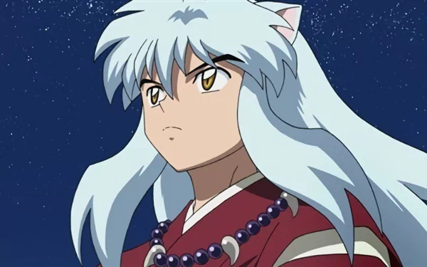 InuYasha, the iconic anime character, gazes forward with determination against a starry night backdrop, captured in this HD desktop wallpaper.