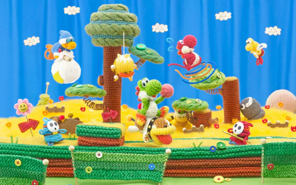HD PC desktop wallpaper featuring colorful, handcrafted characters and scenery from the video game Yoshi's Woolly World, showcasing Yoshi and friends in a vibrant yarn world.