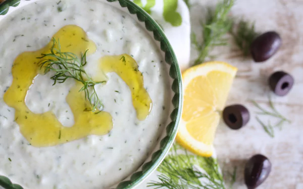 Close-up of creamy tzatziki drizzled with olive oil, garnished with dill, alongside lemon wedge and black olives, captured in vibrant 4K Ultra HD for a PC desktop wallpaper.