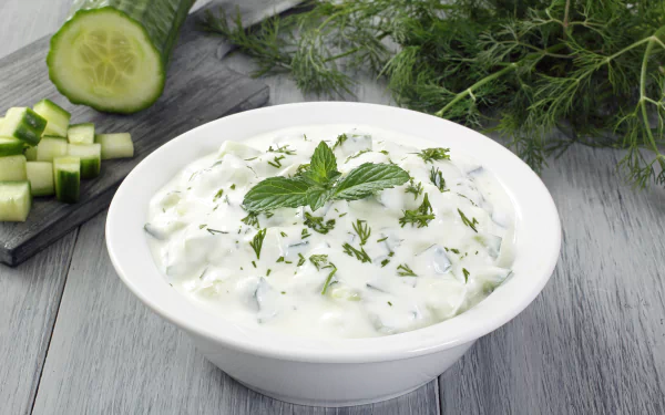 Close-up of a bowl of creamy tzatziki sauce garnished with mint, with fresh cucumbers and dill on a wooden surface, shown in 4K Ultra HD for PC desktop wallpaper.