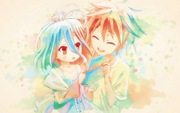 HD desktop wallpaper featuring Shiro and Sora from the anime No Game No Life, depicting them smiling and holding a handheld gaming device against a soft pastel background.