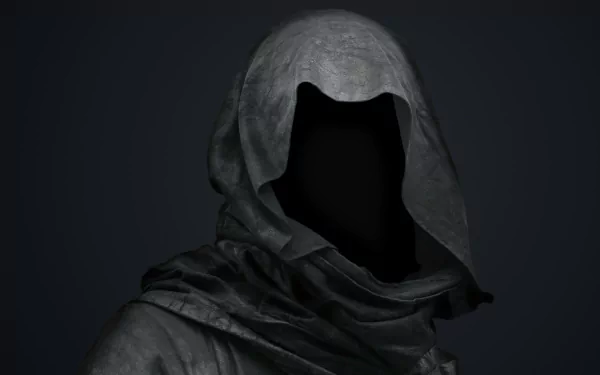 A dark and creepy HD desktop wallpaper featuring a cloaked figure with a faceless hood, set against a deep black background, creating an eerie atmosphere.